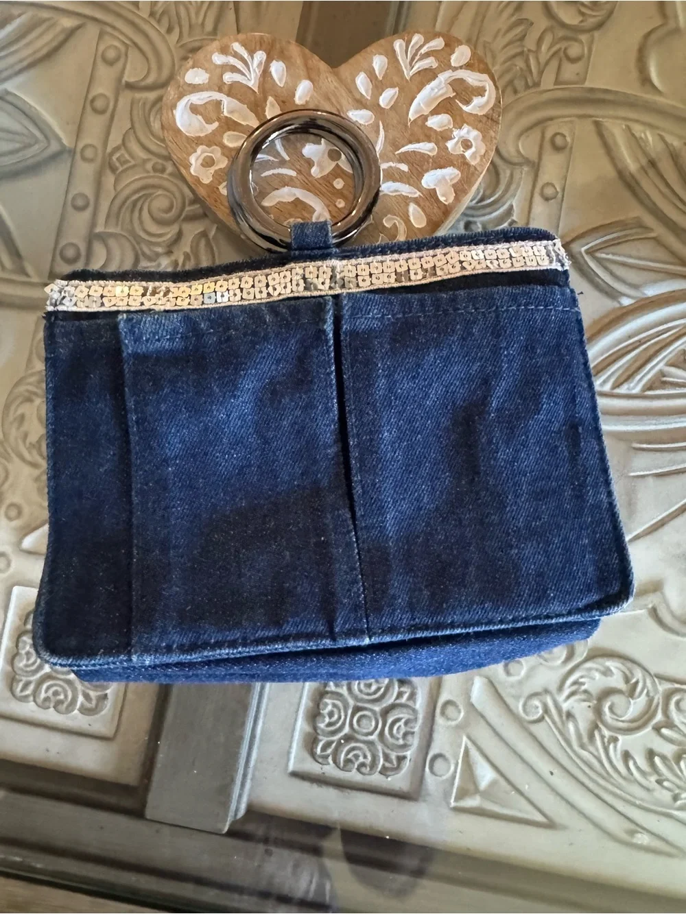 Denim Card Wallet with Sequin Trim - Blue